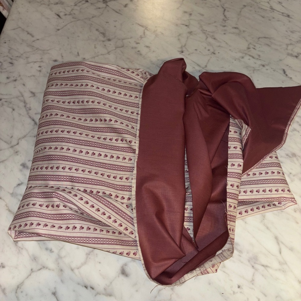Vintage Burgundy Cream Striped Floral Cotton Fabric Remnant 32x15
